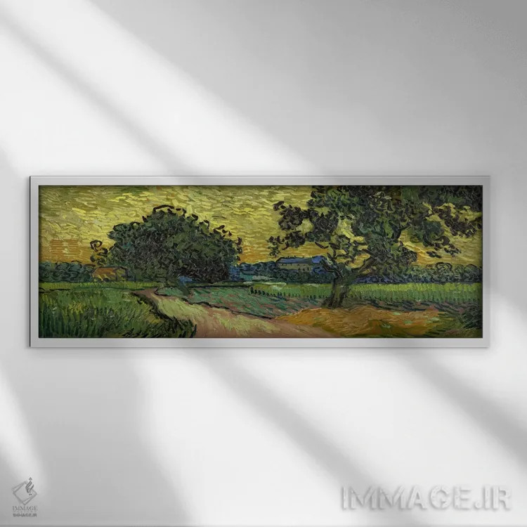 تابلو منظره هنگام غروب اثر ونسان ون گوگ (نقاش مشهور هلندی پستامپرسیونیسم) - نمای قابدار سفید