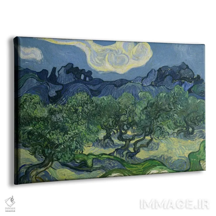 تابلو درختان زیتون با پسزمینه رشتهکوه آلپی اثر ونسان ون گوگ (نقاش مشهور هلندی پستامپرسیونیسم) - نمای پرسپکتیو محصول