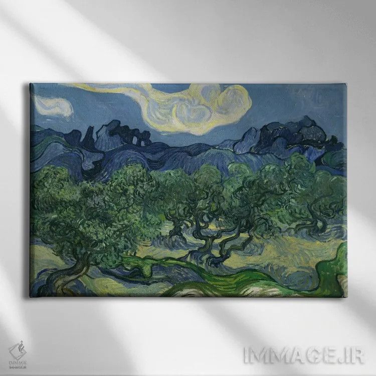 تابلو درختان زیتون با پسزمینه رشتهکوه آلپی اثر ونسان ون گوگ (نقاش مشهور هلندی پستامپرسیونیسم) - نمای روبهرو روی دیوار