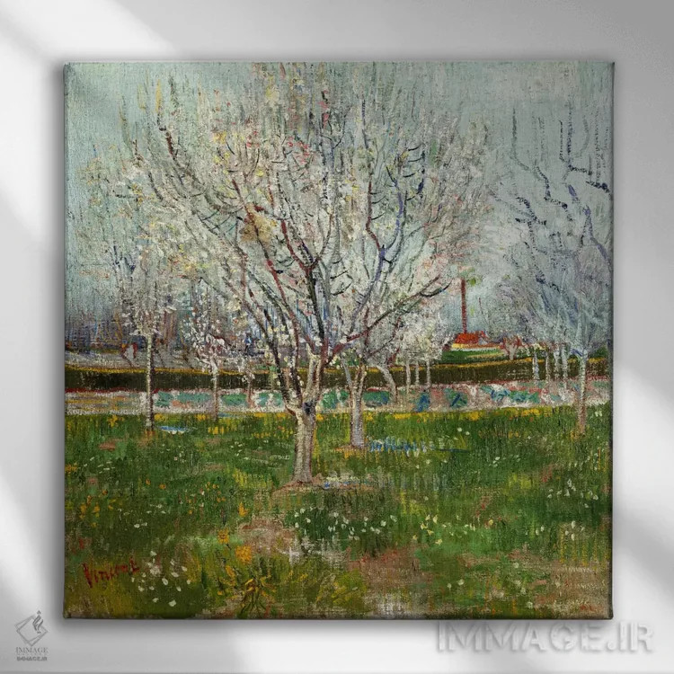 تابلو باغ شکوفهدار (درختان آلو) اثر ونسان ون گوگ (نقاش مشهور هلندی پستامپرسیونیسم) - نمای روبهرو روی دیوار