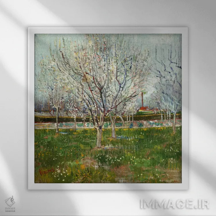تابلو باغ شکوفهدار (درختان آلو) اثر ونسان ون گوگ (نقاش مشهور هلندی پستامپرسیونیسم) - نمای قابدار سفید