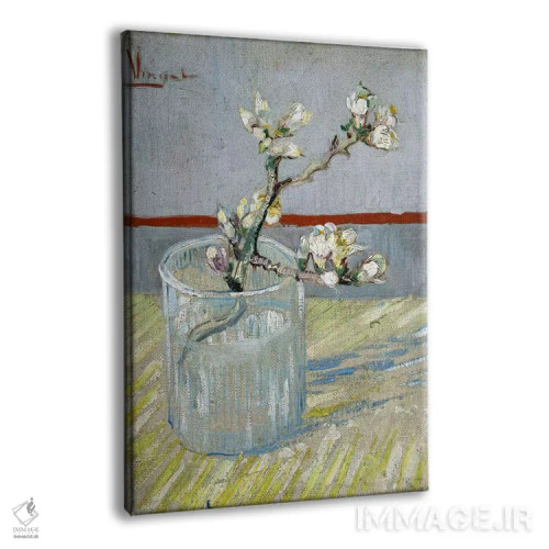 تابلو شاخه شکوفه بادام در لیوان اثر ونسان ون گوگ (نقاش مشهور هلندی پستامپرسیونیسم) - نمای پرسپکتیو محصول