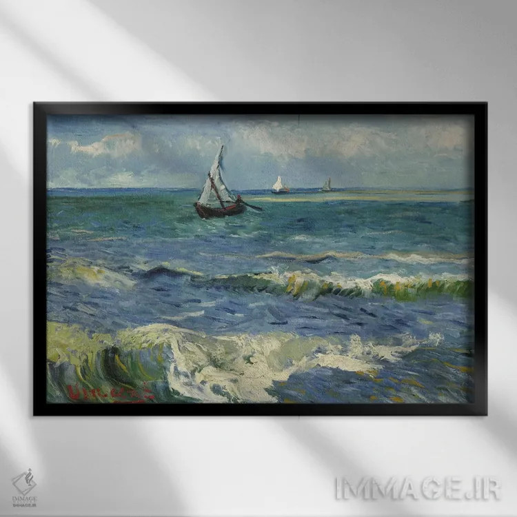 تابلو چشمانداز دریایی در نزدیکی سنت ماری دو لامِر اثر ونسان ون گوگ (نقاش مشهور هلندی پستامپرسیونیسم) - نمای قابدار مشکی