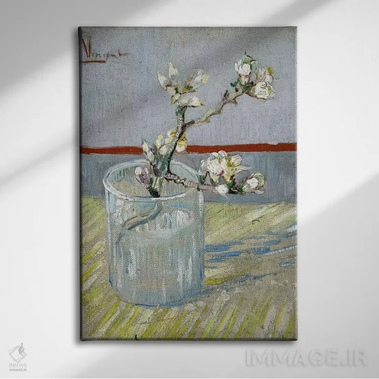 تابلو شاخه شکوفه بادام در لیوان اثر ونسان ون گوگ (نقاش مشهور هلندی پستامپرسیونیسم) - نمای روبهرو روی دیوار