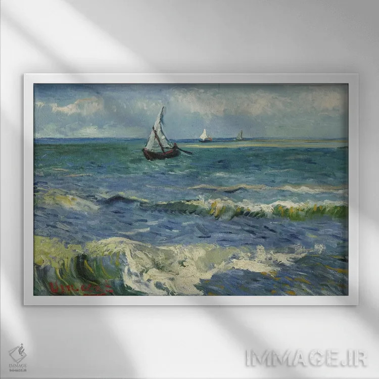 تابلو چشمانداز دریایی در نزدیکی سنت ماری دو لامِر اثر ونسان ون گوگ (نقاش مشهور هلندی پستامپرسیونیسم) - نمای قابدار سفید