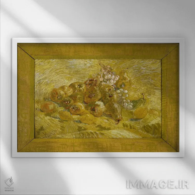 تابلو به، لیمو، گلابی و انگور اثر ونسان ون گوگ (نقاش مشهور هلندی پستامپرسیونیسم) - نمای قابدار سفید