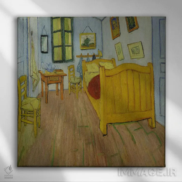 تابلو اتاق خواب در آرل، نسخه اول، اکتبر ۱۸۸۸ (موزه ون گوگ) اثر ونسان ون گوگ (نقاش مشهور هلندی پستامپرسیونیسم) - نمای روبهرو روی دیوار