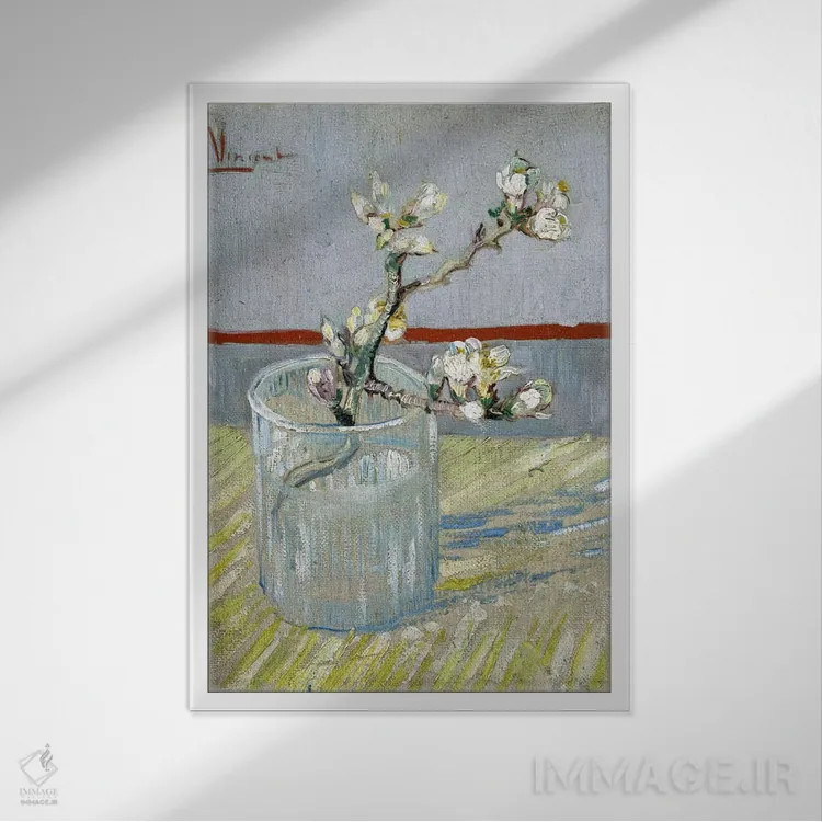 تابلو شاخه شکوفه بادام در لیوان اثر ونسان ون گوگ (نقاش مشهور هلندی پستامپرسیونیسم) - نمای قابدار سفید
