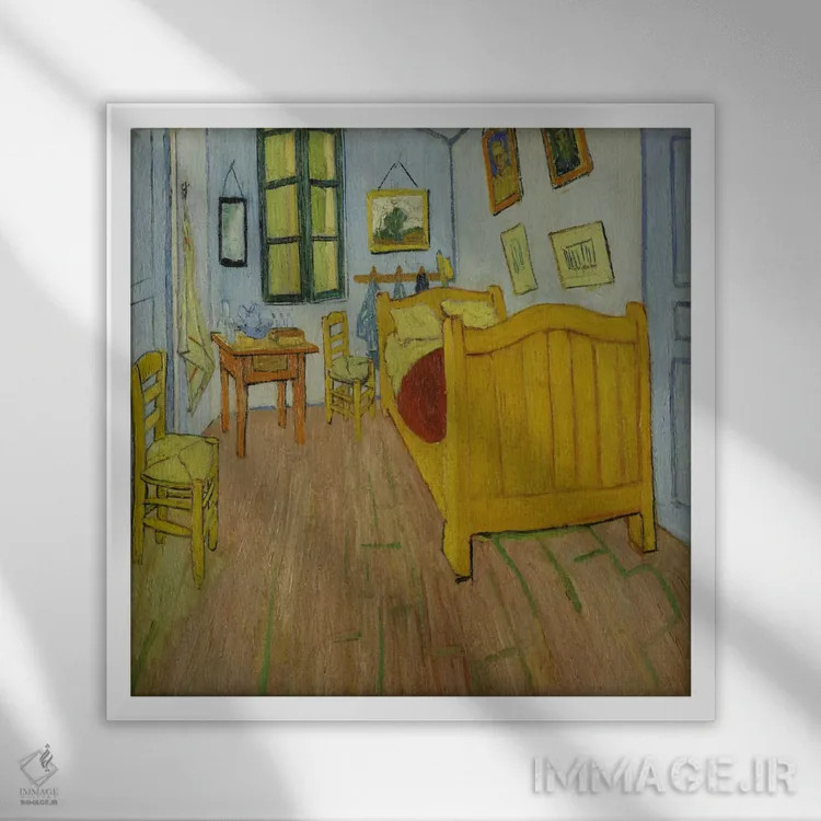 تابلو اتاق خواب در آرل، نسخه اول، اکتبر ۱۸۸۸ (موزه ون گوگ) اثر ونسان ون گوگ (نقاش مشهور هلندی پستامپرسیونیسم) - نمای قابدار سفید