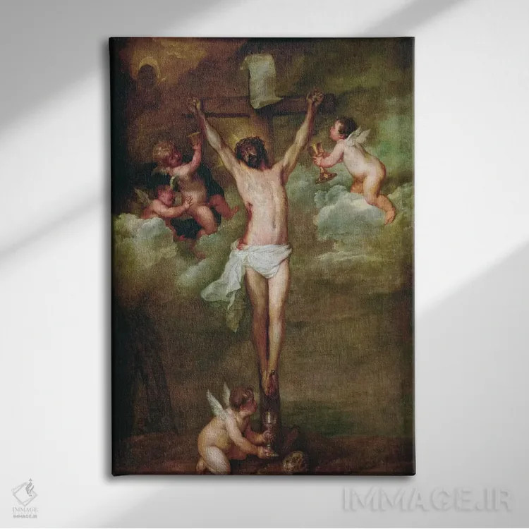 تابلو مسیح همراه فرشتگانی که جام به دست دارند اثر پیتر پل روبنس - نمای روبهرو روی دیوار