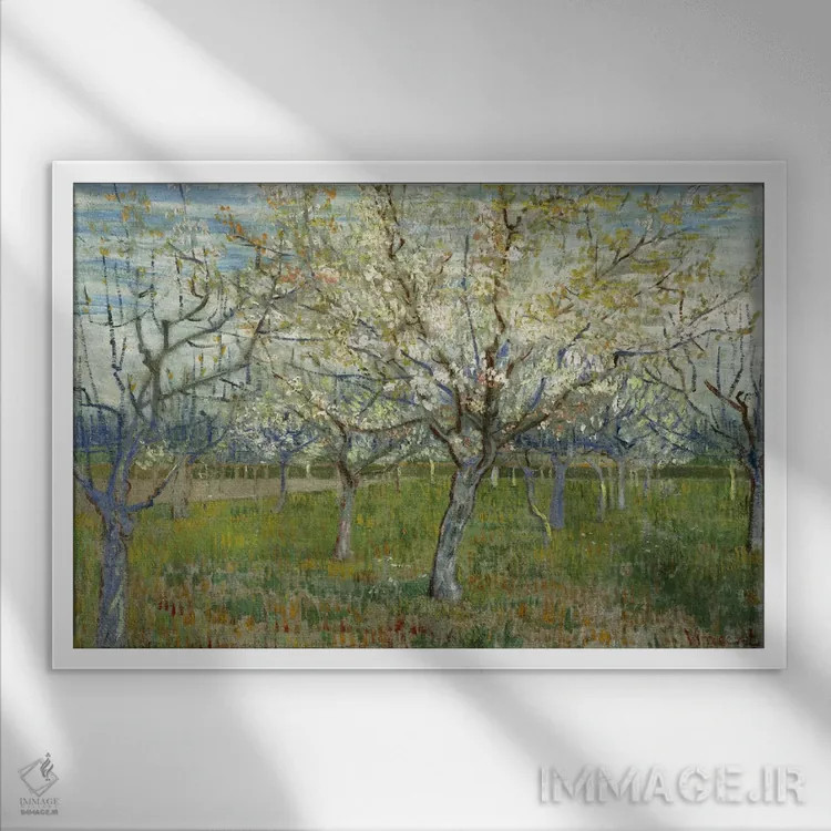 تابلو باغ صورتی اثر ونسان ون گوگ (نقاش مشهور هلندی پستامپرسیونیسم) - نمای قابدار سفید