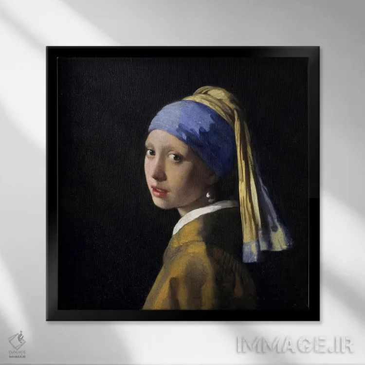 تابلو دختر با گوشواره مروارید اثر یوهانس ورمیر (نقاش هلندی) - نمای قابدار مشکی