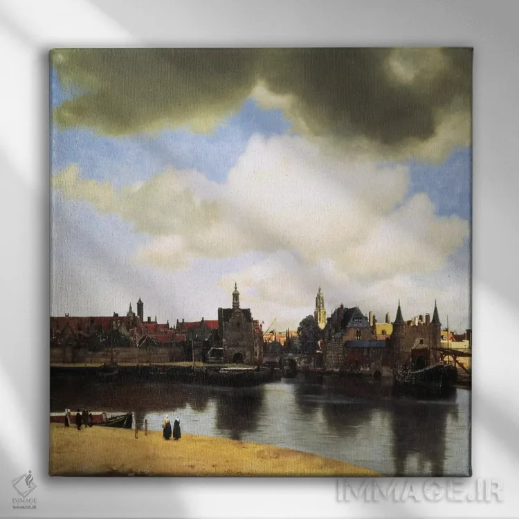 تابلو منظرهای از دلفت، حدود ۱۶۶۰-۶۱ اثر یوهانس ورمیر (نقاش هلندی) - نمای روبهرو روی دیوار