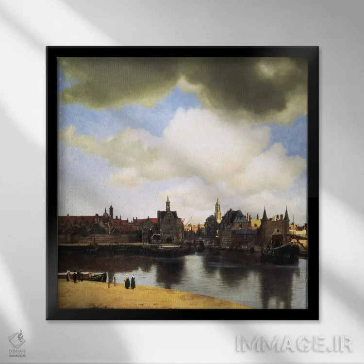 تابلو منظرهای از دلفت، حدود ۱۶۶۰-۶۱ اثر یوهانس ورمیر (نقاش هلندی) - نمای قابدار مشکی