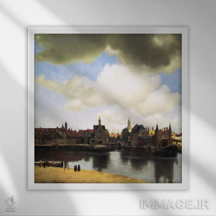 تابلو منظرهای از دلفت، حدود ۱۶۶۰-۶۱ اثر یوهانس ورمیر (نقاش هلندی) - نمای قابدار سفید