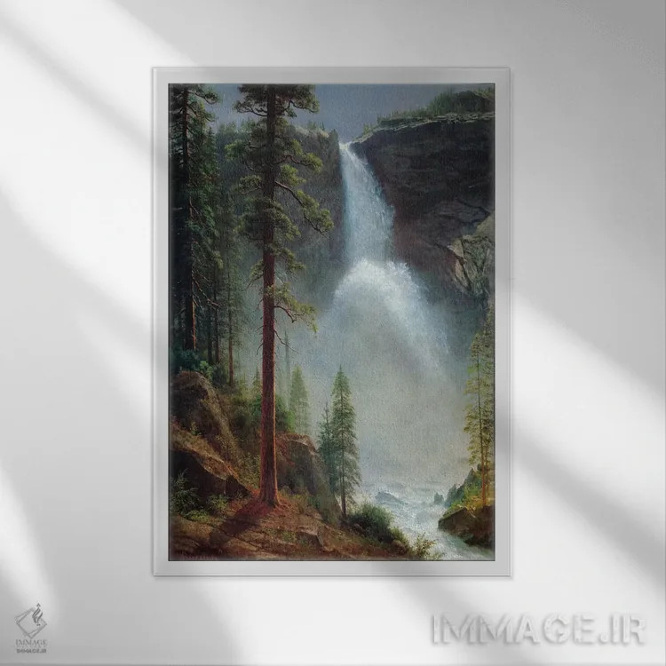 تابلو آبشار نوادا اثر آلبرت بیرشتات (نقاش منظره آمریکایی) - نمای قابدار سفید