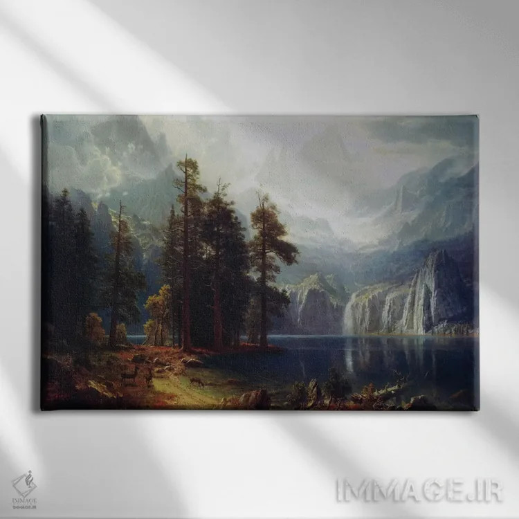 تابلو سیرا نوادا در کالیفرنیا اثر آلبرت بیرشتات (نقاش منظره آمریکایی) - نمای روبهرو روی دیوار