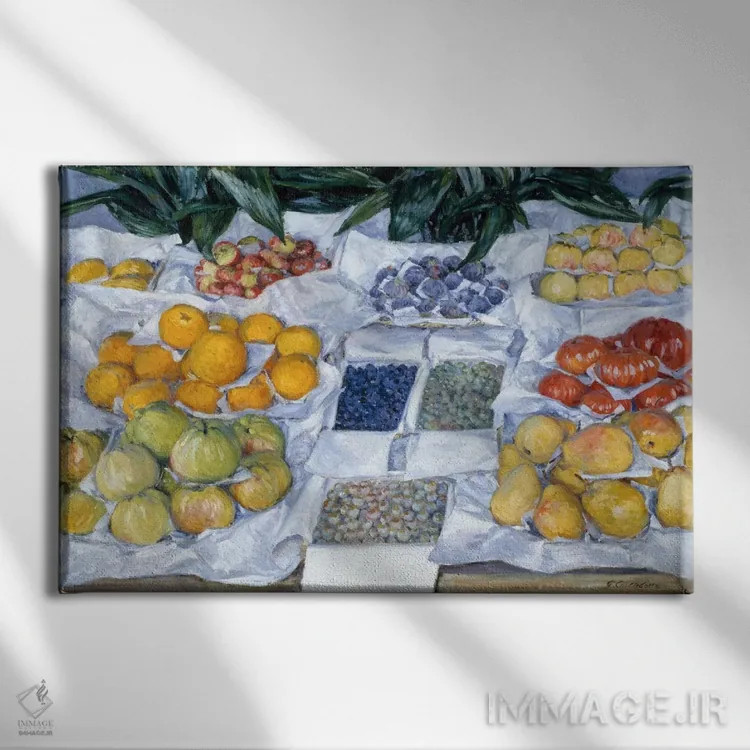 تابلو میوههای چیده شده روی پایه اثر گوستاو کایبوت - نمای روبهرو روی دیوار