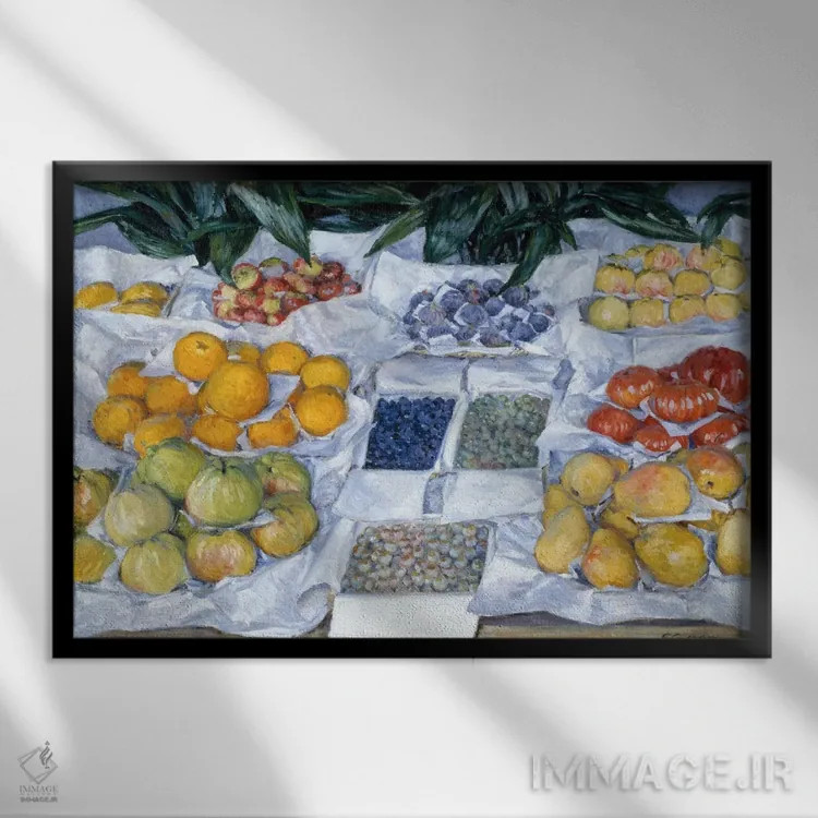تابلو میوههای چیده شده روی پایه اثر گوستاو کایبوت - نمای قابدار مشکی