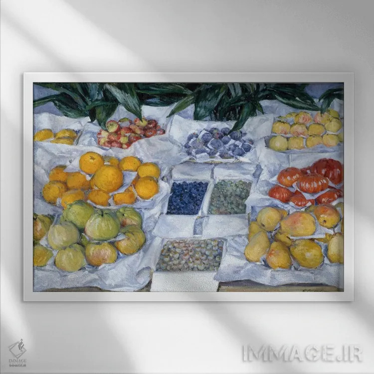تابلو میوههای چیده شده روی پایه اثر گوستاو کایبوت - نمای قابدار سفید