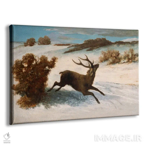 تابلو گوزنها در حال دویدن در برف اثر گوستاو کوربه - نمای پرسپکتیو محصول
