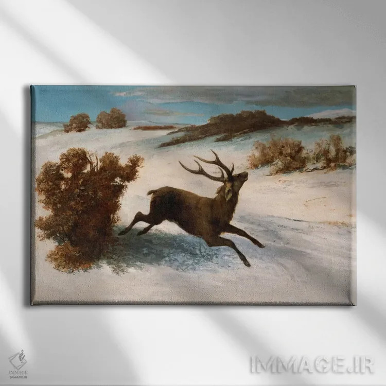 تابلو گوزنها در حال دویدن در برف اثر گوستاو کوربه - نمای روبهرو روی دیوار