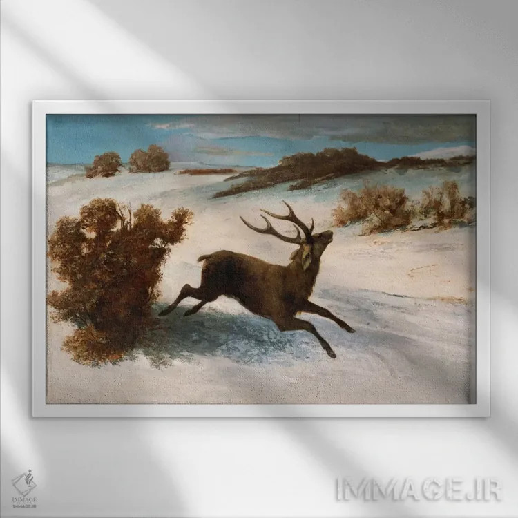 تابلو گوزنها در حال دویدن در برف اثر گوستاو کوربه - نمای قابدار سفید