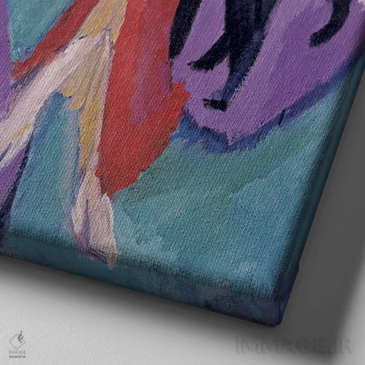 تابلو زن خیابانی با لباس قرمز اثر ارنست لودویگ کیرشنر (نقاش اکسپرسیونیست آلمانی) - نمای نزدیک بافت بوم