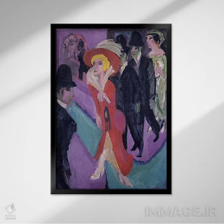 تابلو زن خیابانی با لباس قرمز اثر ارنست لودویگ کیرشنر (نقاش اکسپرسیونیست آلمانی) - نمای قابدار مشکی