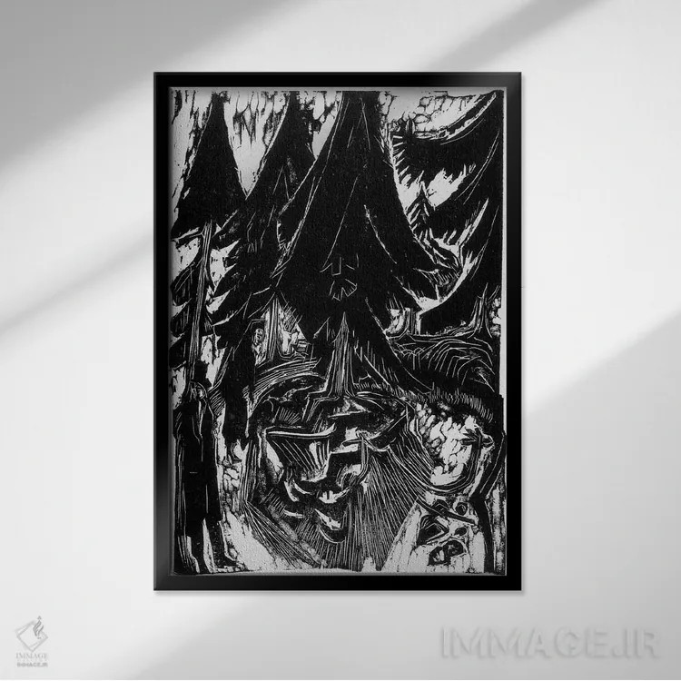 تابلو پیادهروی در آسایشگاه (۱۹۱۶) اثر ارنست لودویگ کیرشنر (نقاش اکسپرسیونیست آلمانی) - نمای قابدار مشکی