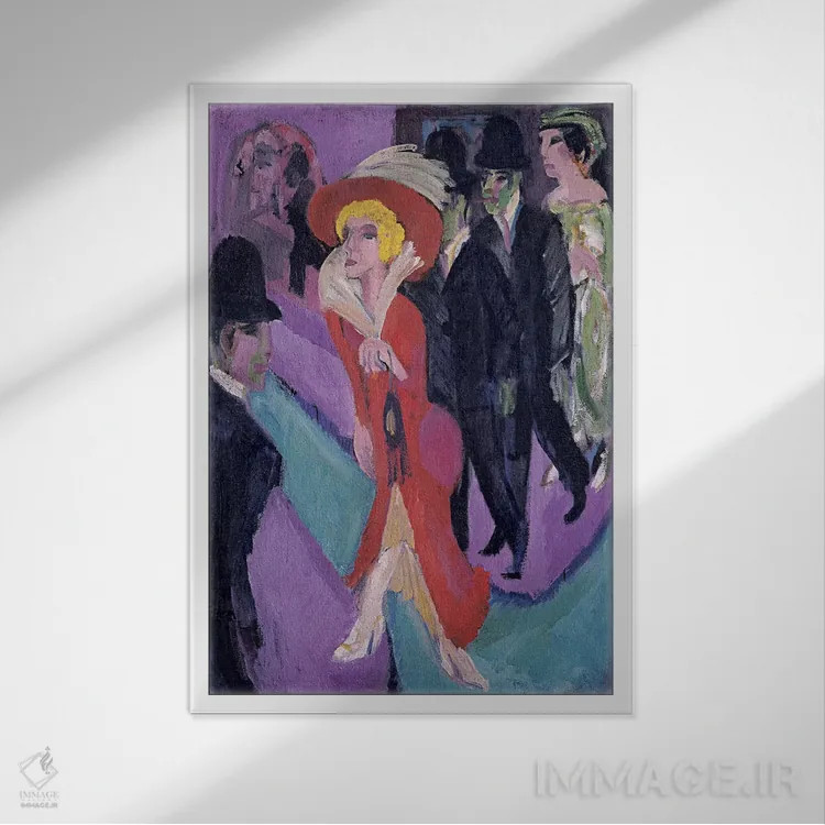 تابلو زن خیابانی با لباس قرمز اثر ارنست لودویگ کیرشنر (نقاش اکسپرسیونیست آلمانی) - نمای قابدار سفید