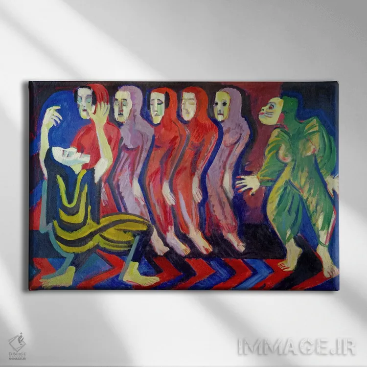 تابلو رقص مرگ مری ویگمان (۱۹۲۶–۱۹۲۸) اثر ارنست لودویگ کیرشنر (نقاش اکسپرسیونیست آلمانی) - نمای روبهرو روی دیوار