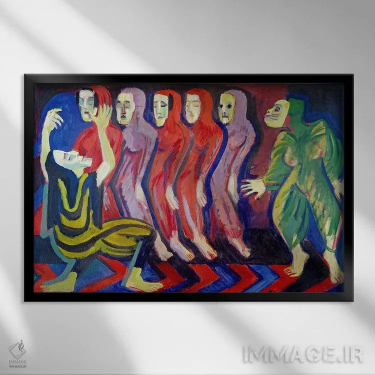 تابلو رقص مرگ مری ویگمان (۱۹۲۶–۱۹۲۸) اثر ارنست لودویگ کیرشنر (نقاش اکسپرسیونیست آلمانی) - نمای قابدار مشکی
