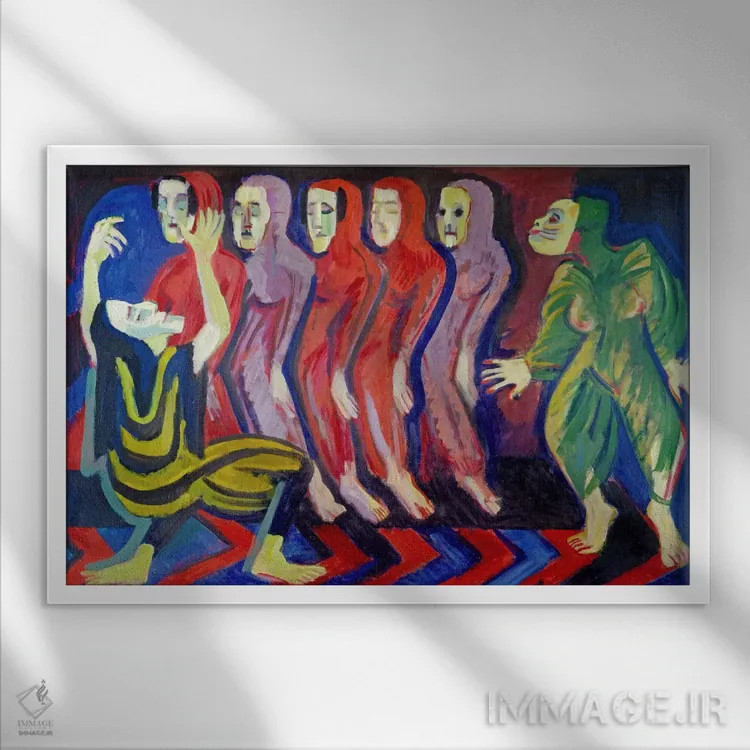 تابلو رقص مرگ مری ویگمان (۱۹۲۶–۱۹۲۸) اثر ارنست لودویگ کیرشنر (نقاش اکسپرسیونیست آلمانی) - نمای قابدار سفید
