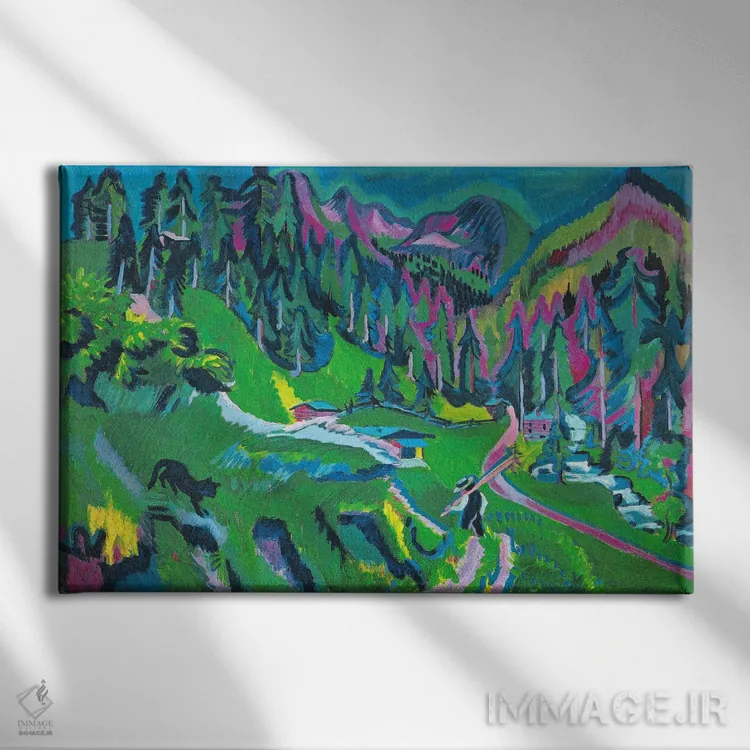 تابلو منظرهٔ درهٔ سرتیگتال اثر ارنست لودویگ کیرشنر (نقاش اکسپرسیونیست آلمانی) - نمای روبهرو روی دیوار