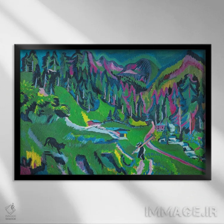 تابلو منظرهٔ درهٔ سرتیگتال اثر ارنست لودویگ کیرشنر (نقاش اکسپرسیونیست آلمانی) - نمای قابدار مشکی