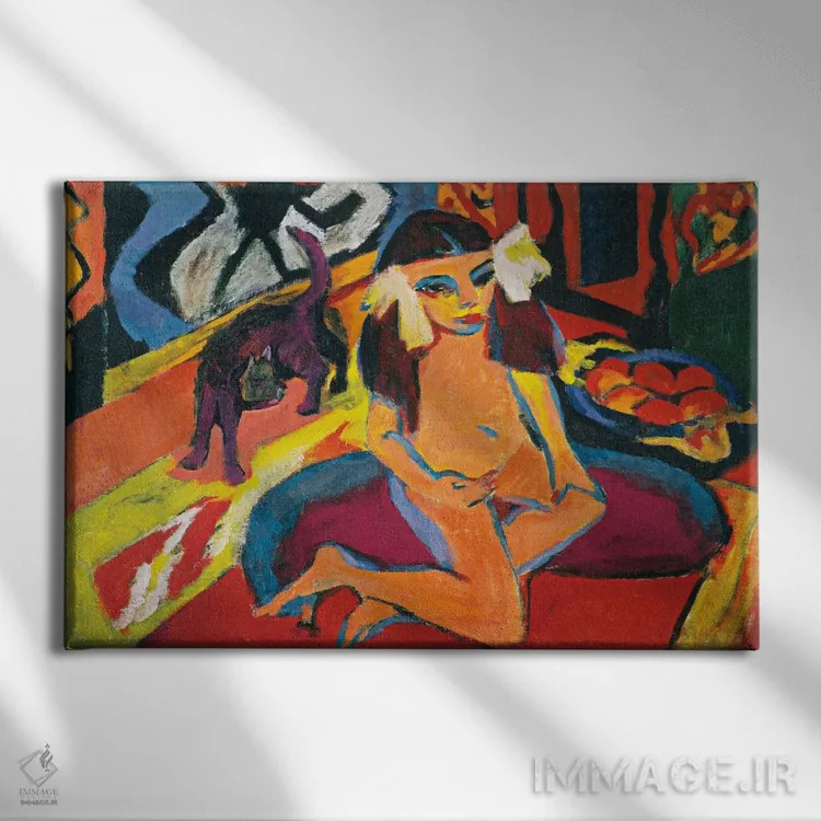 تابلو دختر با گربه اثر ارنست لودویگ کیرشنر (نقاش اکسپرسیونیست آلمانی) - نمای روبهرو روی دیوار