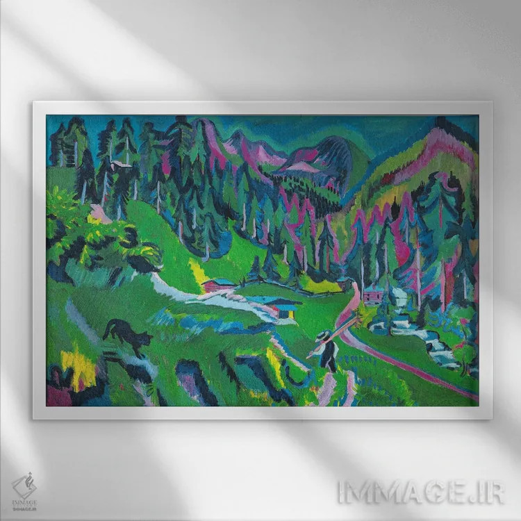 تابلو منظرهٔ درهٔ سرتیگتال اثر ارنست لودویگ کیرشنر (نقاش اکسپرسیونیست آلمانی) - نمای قابدار سفید