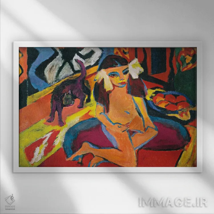 تابلو دختر با گربه اثر ارنست لودویگ کیرشنر (نقاش اکسپرسیونیست آلمانی) - نمای قابدار سفید