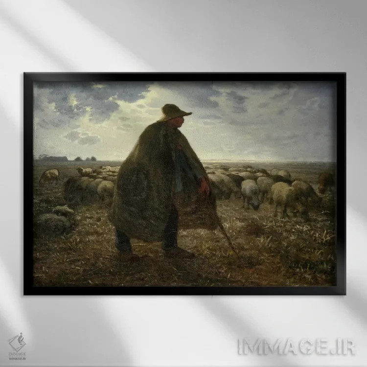 تابلو چوپان در حال نگهداری گله خود اثر ژان فرانسوا میه - نمای قابدار مشکی
