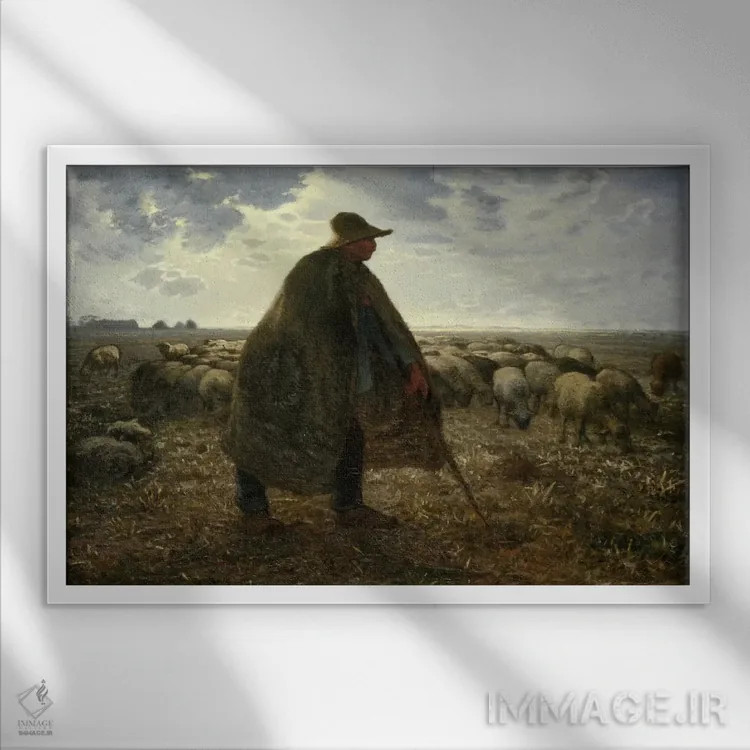 تابلو چوپان در حال نگهداری گله خود اثر ژان فرانسوا میه - نمای قابدار سفید