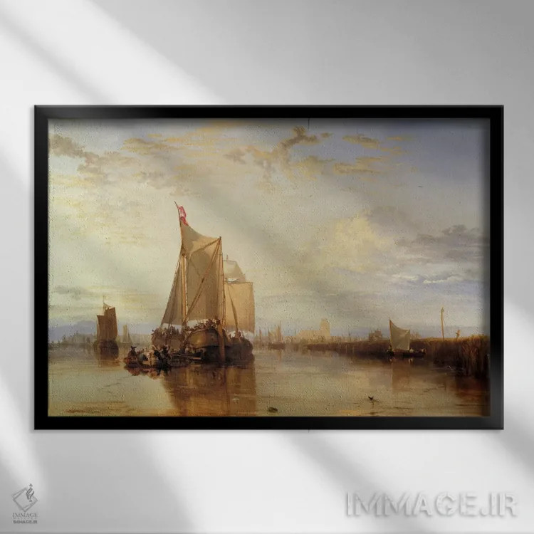 تابلو دُرت یا دوردرخت: کشتی باری دُرت از روتردام در آرامش کامل اثر جی.ام.دبلیو. ترنر (نقاش بزرگ انگلیسی) - نمای قابدار مشکی