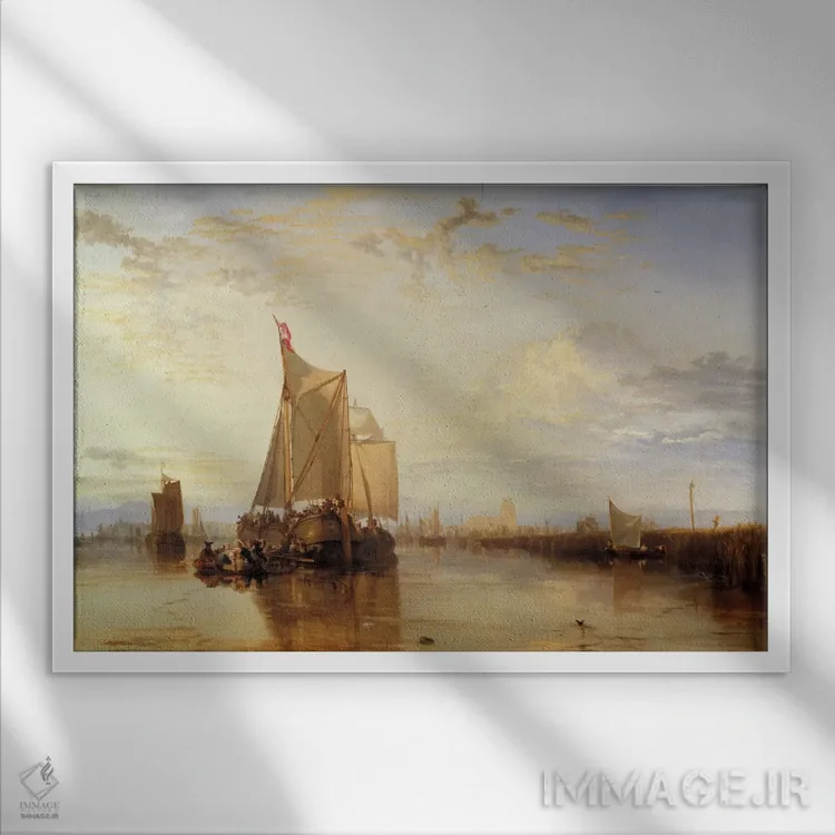 تابلو دُرت یا دوردرخت: کشتی باری دُرت از روتردام در آرامش کامل اثر جی.ام.دبلیو. ترنر (نقاش بزرگ انگلیسی) - نمای قابدار سفید