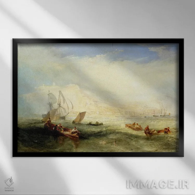 تابلو ماهیگیری با قلاب در نزدیکی هستینگز اثر جی.ام.دبلیو. ترنر (نقاش بزرگ انگلیسی) - نمای قابدار مشکی