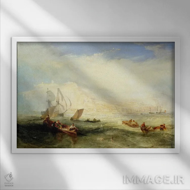 تابلو ماهیگیری با قلاب در نزدیکی هستینگز اثر جی.ام.دبلیو. ترنر (نقاش بزرگ انگلیسی) - نمای قابدار سفید