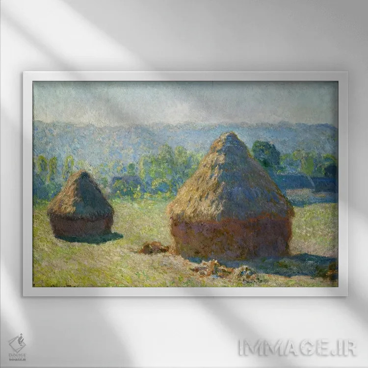 تابلو کومهٔ علف خشک اثر کلود مونه (نقاش معروف فرانسوی) - نمای قابدار سفید