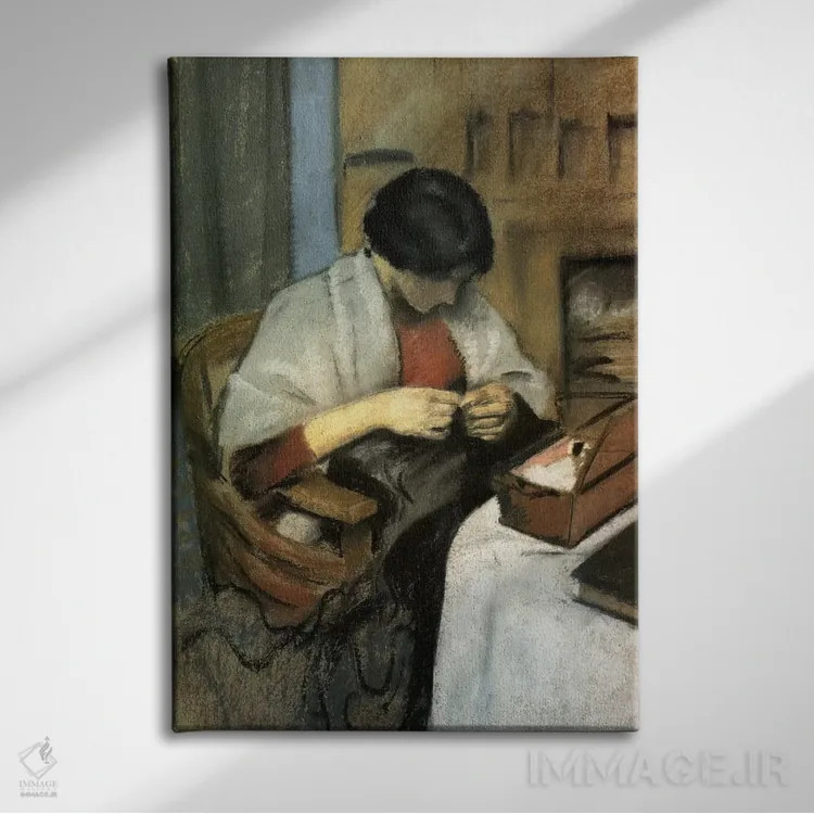 تابلو الیزابت گراردت در حال دوختن اثر آگوست ماکه (نقاش اکسپرسیونیست آلمانی) - نمای روبهرو روی دیوار