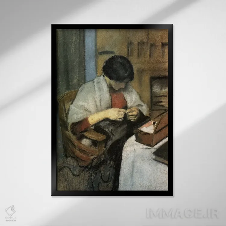 تابلو الیزابت گراردت در حال دوختن اثر آگوست ماکه (نقاش اکسپرسیونیست آلمانی) - نمای قابدار مشکی