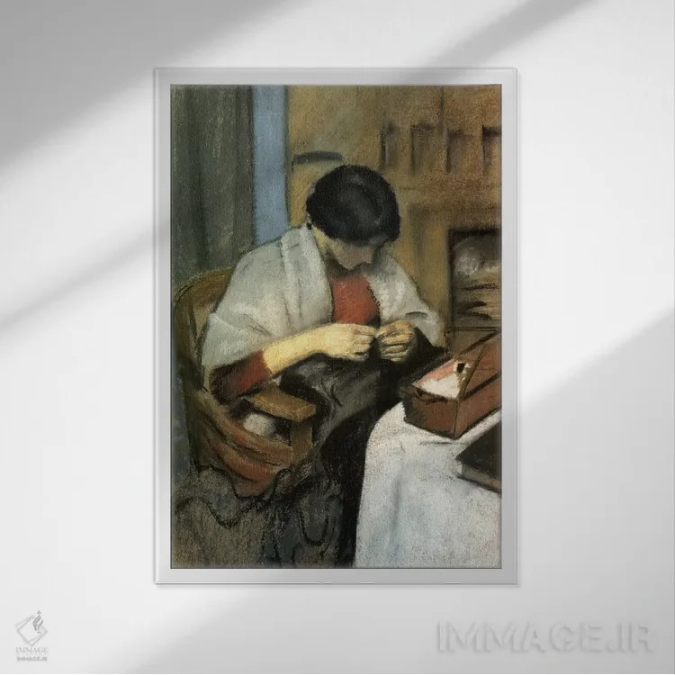 تابلو الیزابت گراردت در حال دوختن اثر آگوست ماکه (نقاش اکسپرسیونیست آلمانی) - نمای قابدار سفید