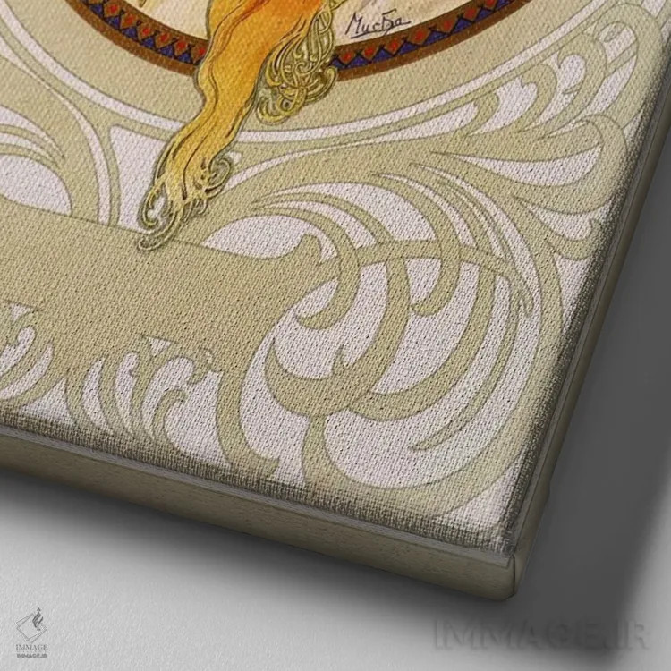 تابلو سرهای بیزانسی: بلوند (۱۸۹۷) اثر آلفونس موخا (هنرمند آرت نووی چک) - نمای نزدیک بافت بوم